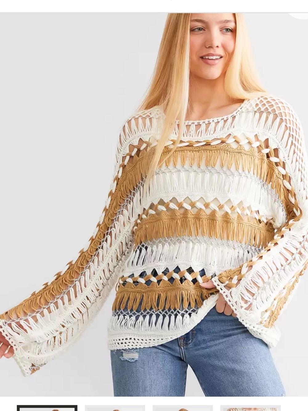 Off-the-Shoulder Open Knit Fringe Sweater in Cream and Tan